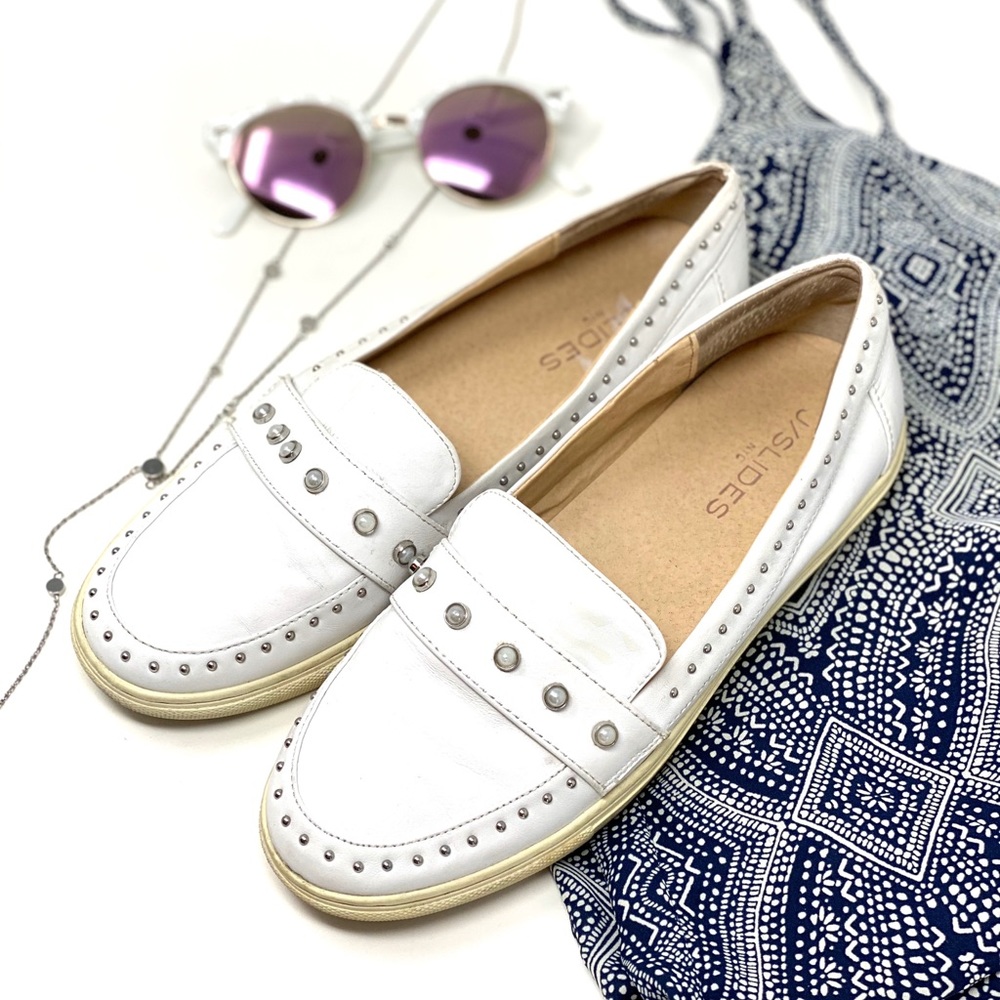 White Studded J Slides Loafers 8